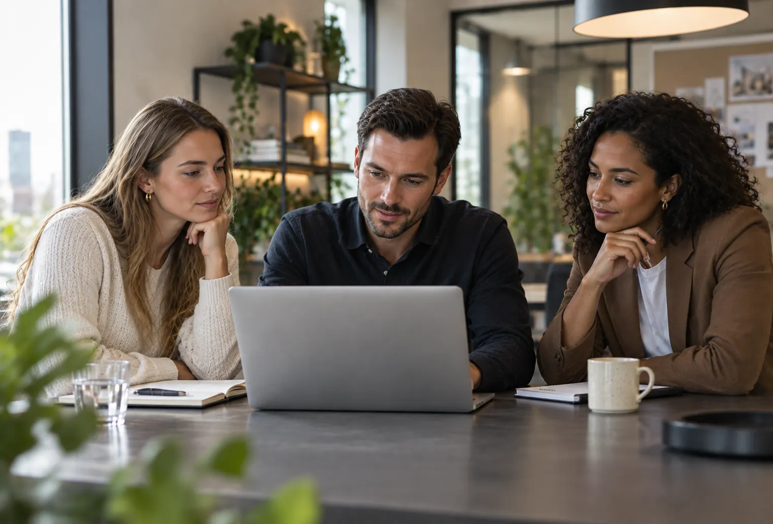 Adviseur bespreekt met twee investeerders op een laptop hoe u kunt investeren in vastgoed - investeerinvastgoed.com